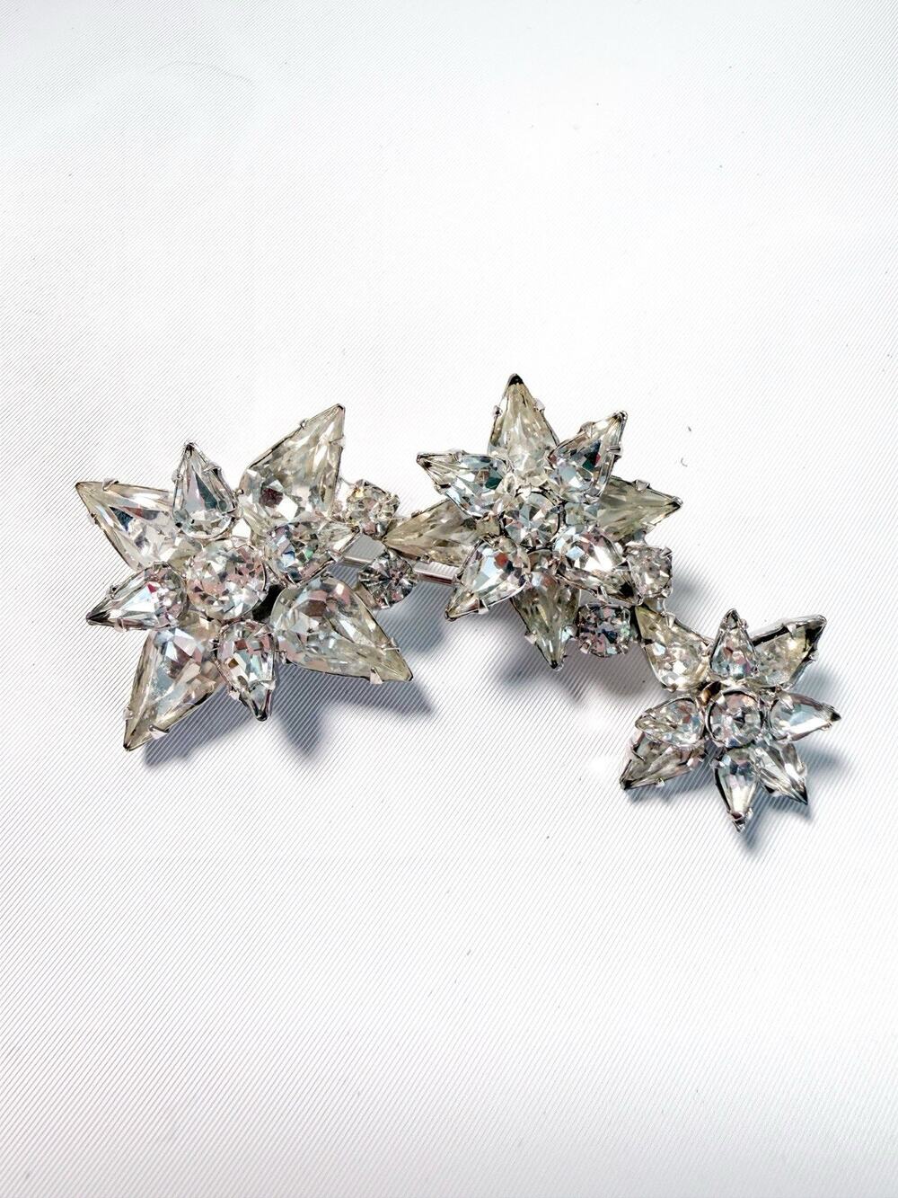 Vintage Signed Weiss Rhinestone Floral Spray Brooch Marquise Pear Crystal Pin